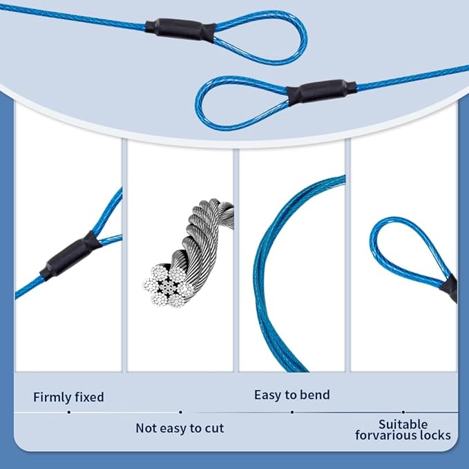 3.3mm (1/8 Inch) Outdoor Travel Stainless Steel Security Cable-20ft Luggage Lock Safety Wire Flexible Steel Wire Rope with Double Loop Safety for Luggage, Bike, Lock(Blue, 20ft-(1Pack)