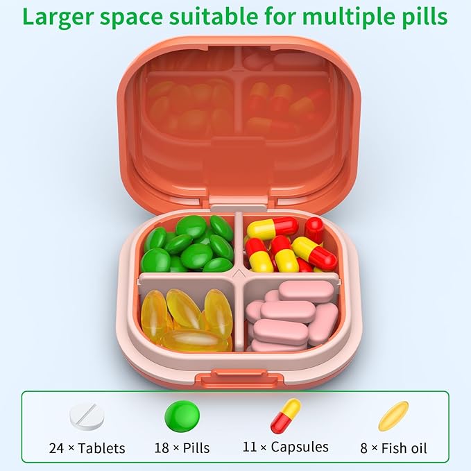 Daily Pill Organizer 4 Compartments, Small Pill Box Portable Travel Pill Case, Mini Pill Container for Purse Pocket, Compact Travel Medicine Organizer for Vitamin, Cod Liver Oil, Supplement (Purple)