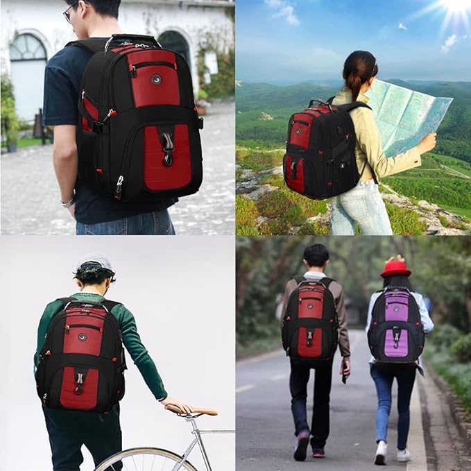 SHRRADOO Extra Large 50L Travel Laptop Backpack with USB Charging Port, College High School Backpack Airline Approved Business Work Bag Fit 17 Inch Laptops for Men Women,Red