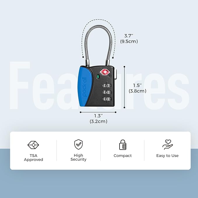 pack all TSA Approved Cable Luggage Locks, 3 Digit Combination Padlocks, Travel Lock for Suitcases & Bag, Alloy Body, Travel Accessories (4 Pack)（Navy）