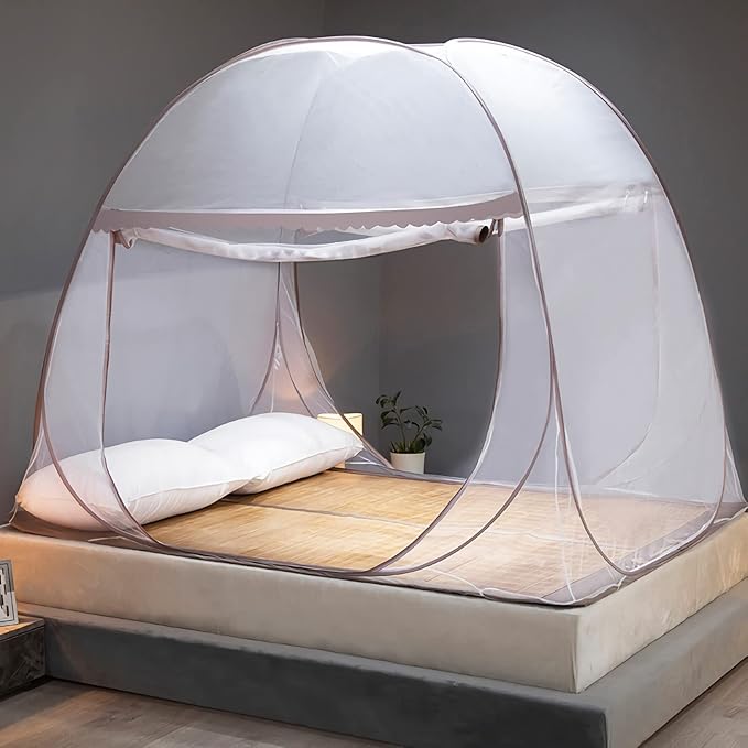 Mosquito Net for Bed, Folded Size 12 inch Portable Camping Travel Mosquito Net, Pop Up Mosquito Tent with Double Entry for King Queen Size Bed (Brown, 71"x79"x59")