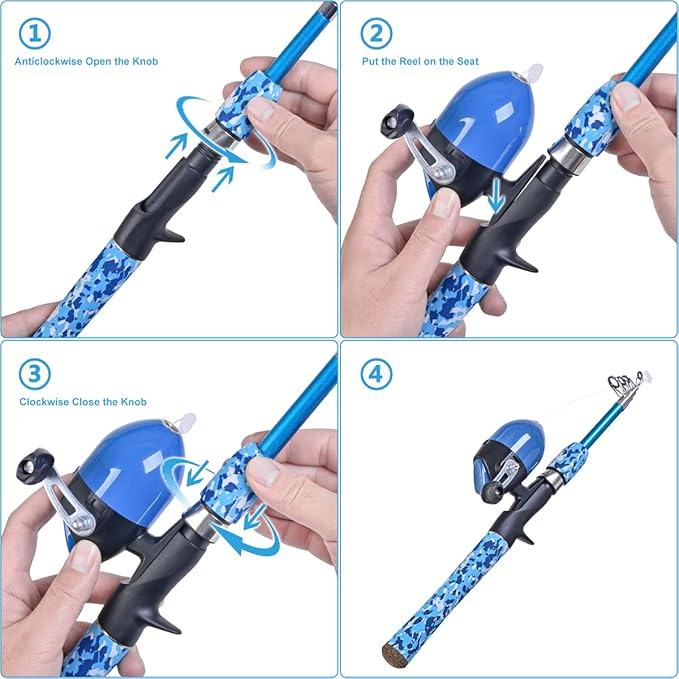 CODEK Kids Fishing Pole Set with Full Starter Kits 2 Set Portable Telescopic Fishing Rod and Spincast Reel Cambos with a Fishing Net and 2 Buckets for Boys Girls and Youth