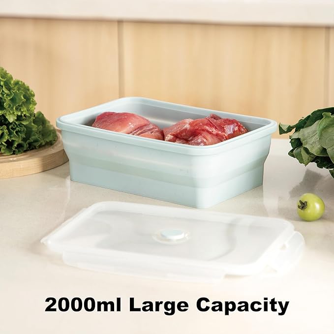 Large Collapsible Food Containers with Lids for Camping & Travel | Leak-Proof Silicone Storage Bowls,2000ml/1200ml/800ml, Dishwasher, Microwave Freezer Safe - Set of 3