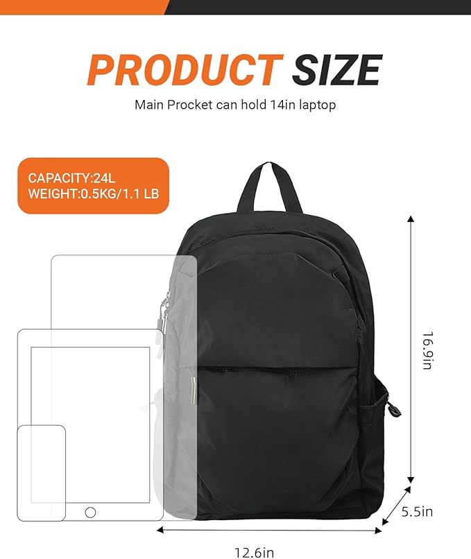 Multi-Pocket Laptop Backpack, 24L Capacity, Fits 14-inch Laptop, 16.9x12.6x5.5 inches, 1.1 lbs, Black/Navy/Gray (GREY)