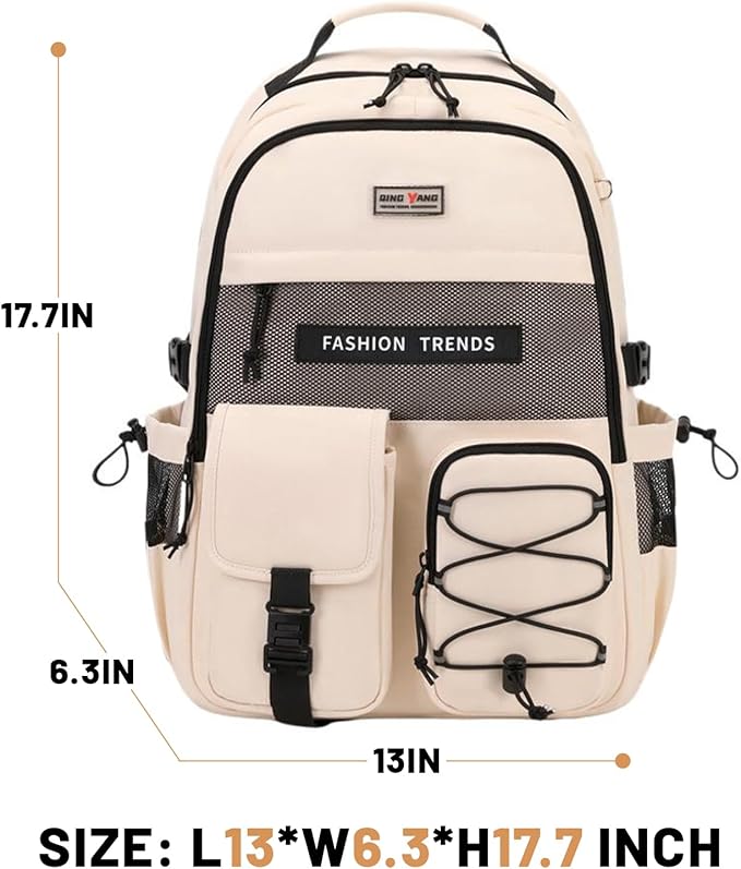 Lohol Multi-Pocket Backpack with 15.6 inch Laptop Compartment, Water Resistant Bookbag for School College and Travel (Beige)