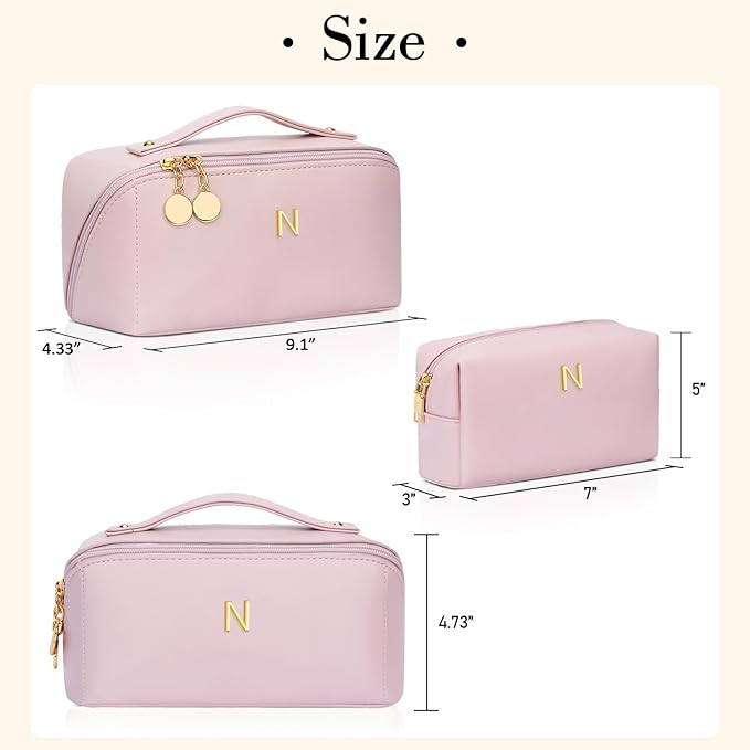 Birthday Gifts for Women Teen Girl, Personalized Initial Makeup Organizer Bag Set, Open Flat Travel Cosmetic Bag With Clear Divider and Handle(Pink,N)