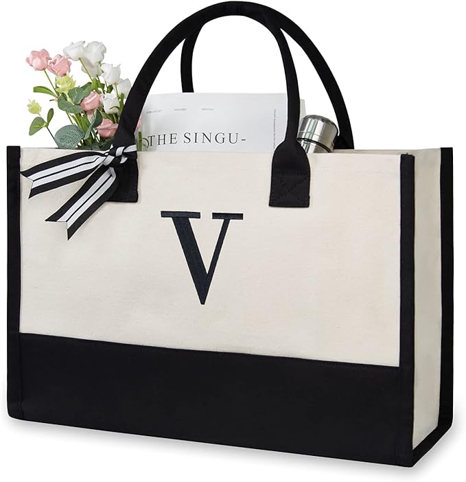 TOPDesign Embroidery Initial Canvas Tote Bag, Personalized Present Bag, Suitable for Wedding, Birthday, Beach, Holiday, is a Great Gift for Women, Mom, Teachers, Friends, Bridesmaids (Letter V)