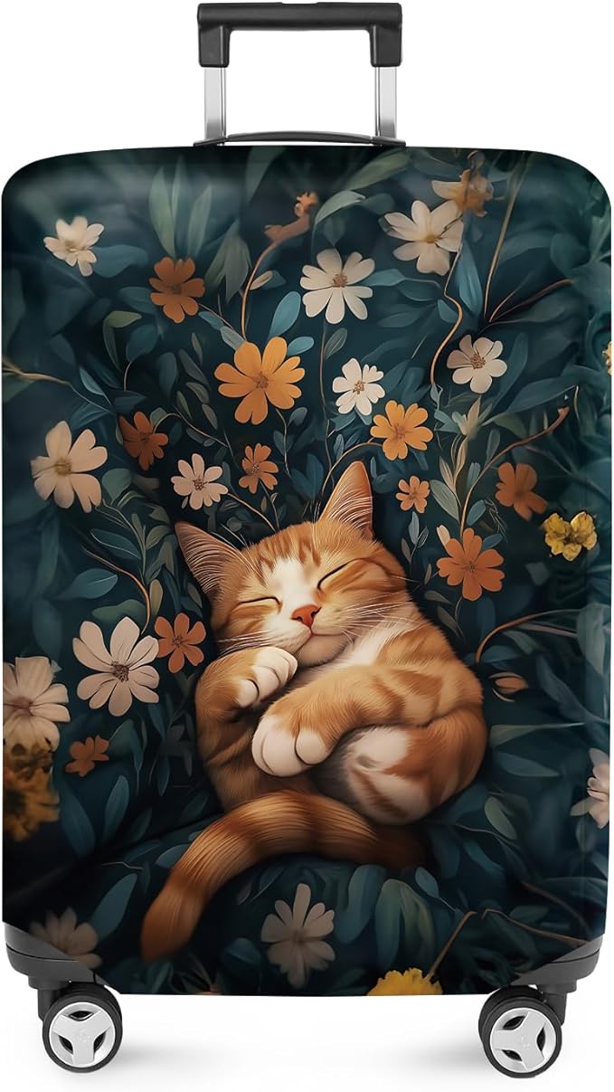ANNA QUEEN Peaceful Cat Luggage Cover, Sleeping Cat with Floral Design, Stretchable, Washable Travel Sleeve for 24-26 Inch Luggage