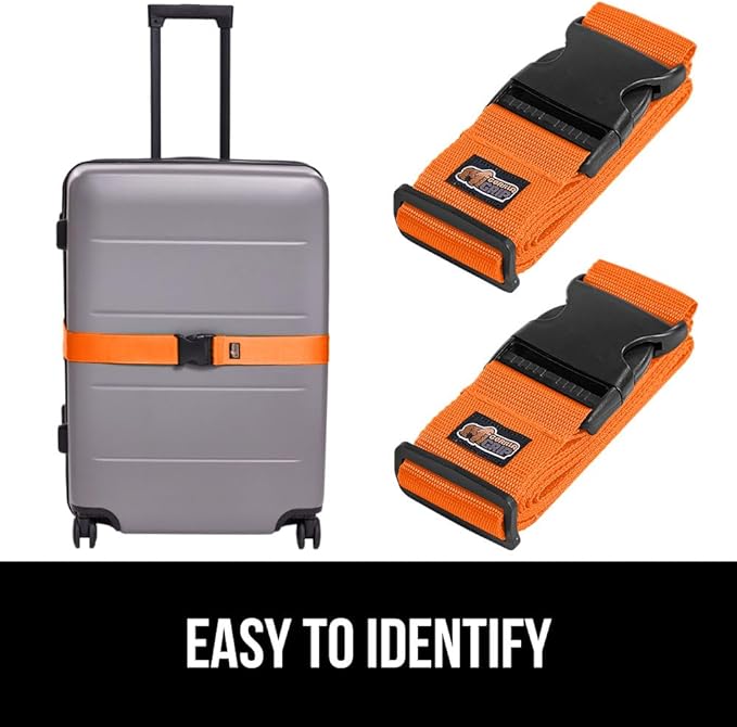 GORILLA GRIP Heavy Duty 4 Pack Adjustable Luggage Straps for Suitcases, Easy to Identify Travel Belt Connector Holds Suitcase Together, Extends Life of Bag, Strap Connects Two Bags, Accessories Orange