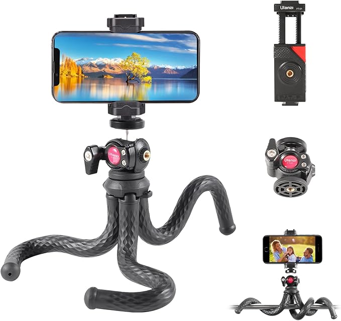 ULANZI FT-01 Phone Tripod with Holder, Mini Camera Flexible Tripod Stand with Cold Shoe Mount, 1/4'' Screw for Magic Arm, Universal for iPhone 16 15 Pro Max XS Max X 8 Samsung Canon Nikon Sony Cameras