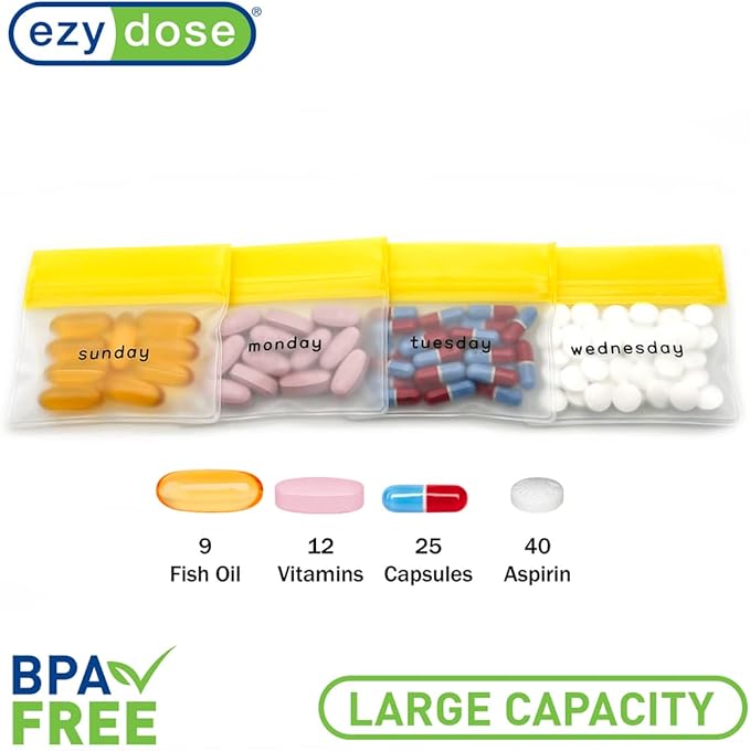 EZY DOSE Reusable 7-Day AM/PM Pill Pouch Set, Durable Multi-Purpose Travel-Sized Containers, Days of The Week Labels with Color for Easy Identification, Large Storage, Clear, BPA Free, TSA Approved