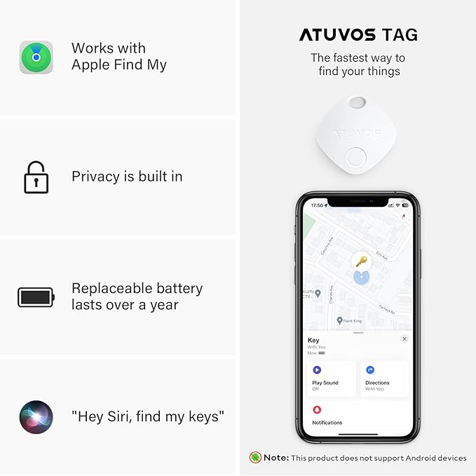 ATUVOS Air Tracker Tags-2 Pack, Bluetooth Luggage Tracker & Keys Finder Works with Apple Find My (iOS Only), Item Finders for Suitcases, Wallets, Bags, Waterproof IP67, Replaceable Battery, Anti-Lost