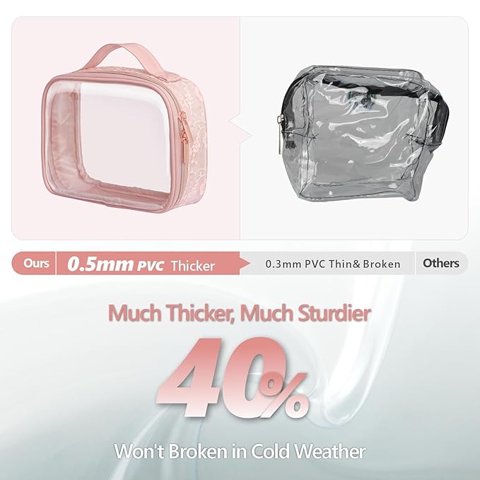 PACKISM Floral Texture Lace TSA Approved Toiletry Bag - 180° Large Opening Clear Makeup Bags in 2 Size, Clear Bags for Travel with Handle, 0.5 mm Thick Non-deformable No Smell, Pink