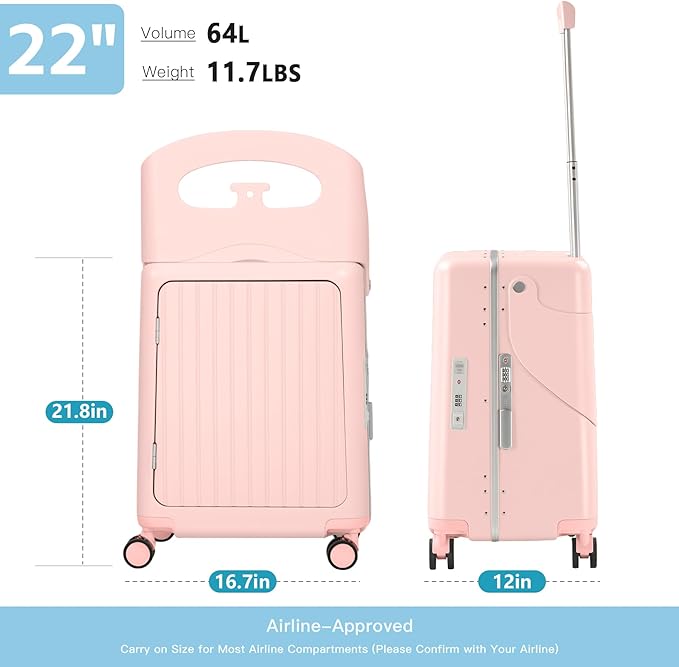 22" Ride On Luggage with Seat for Kids & Adults, Lightweight Hardside Ride-On Suitcase with Front Opening, TSA Lock, 360° Spinner Wheels, Pink