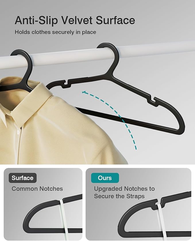50 Pack Clothes Hangers, Non Slip Plastic Coat Hangers, Space Saving Hangers, Heavy Duty, Hanging Dry Wet Clothes,16.4" x 8.3", Black, UAPY0550B