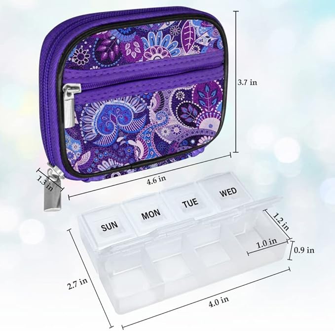 Serfeymi Weekly Travel Pill Organizer Pill Case for Purse with Removable 7 Day Pill Box, Fashionable Travel Medicine Organizer Pill Container for Medicine, Vitamin, Supplement - Green 01 + Purple 01