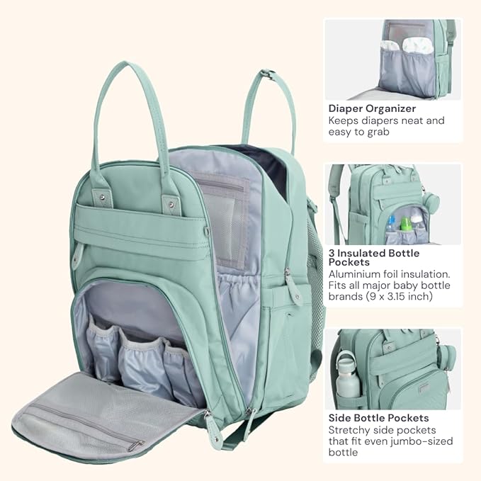 BabbleRoo Diaper Bag Backpack - Baby Essentials Travel Bag - Multi Function Water Resistant Diaper Bag, Travel Essentials Baby Bag with Changing Pad, Stroller Straps & Pacifier Case – Sage Green