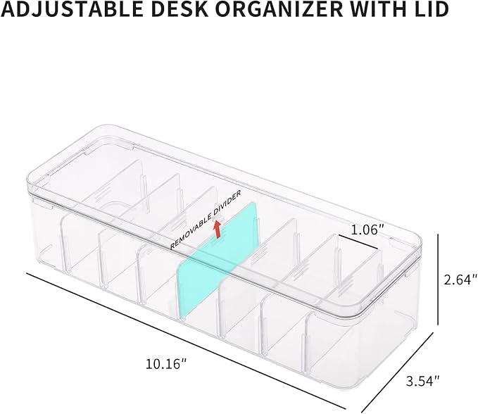 Yesesion Clear Plastic Cable Organizer Box with Adjustment Compartments, Desk Accessories Storage Case with Lid and 10 Wire Ties for Drawer, Office, Art Supply, Electronic Management