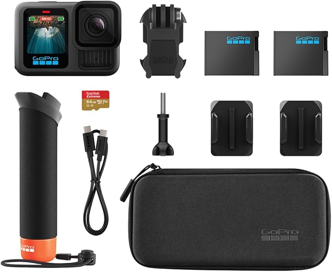 GoPro HERO13 Black Accessory Bundle - Includes The Handler, 2 Enduro Batteries, 2 Curved Adhesive Mounts, 64GB SanDisk MicroSD Card, and Carrying Case, Head Strap & Card Reader