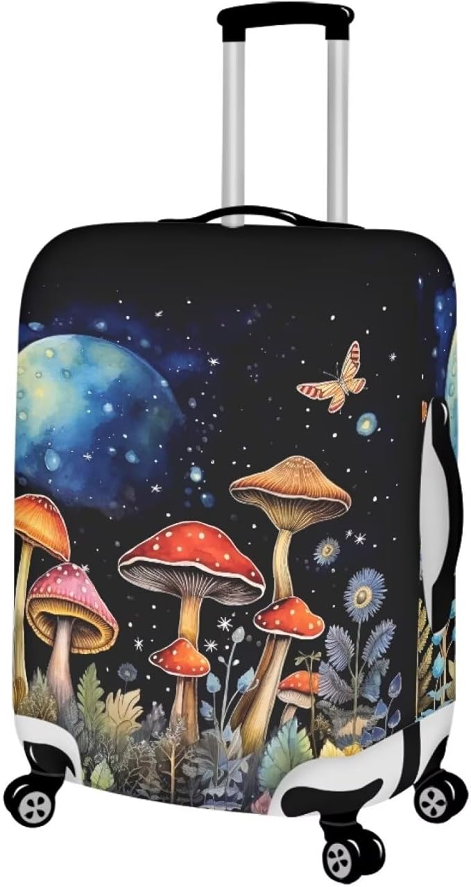 Butterfly Mushroom Print Travel Suitcase Cover Protector Elastic Zipper Closure Fit 22-25 Inch Luggage