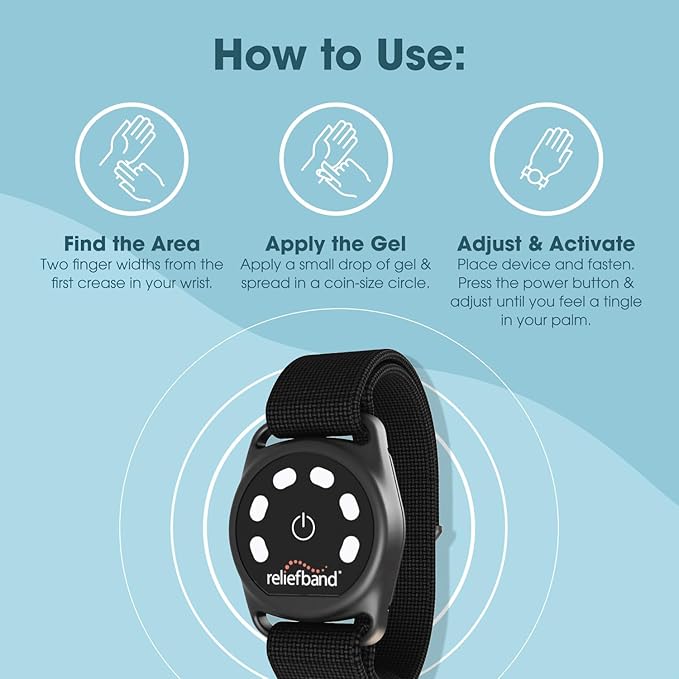 Reliefband Sport Anti-Nausea Wristband | Waterproof, FDA Cleared, Nausea & Vomiting Relief for Motion Sickness (Car, Air, Sea) & Morning Sickness, Drug & Side Effect Free (Black, 1 Extra Gel Tube)