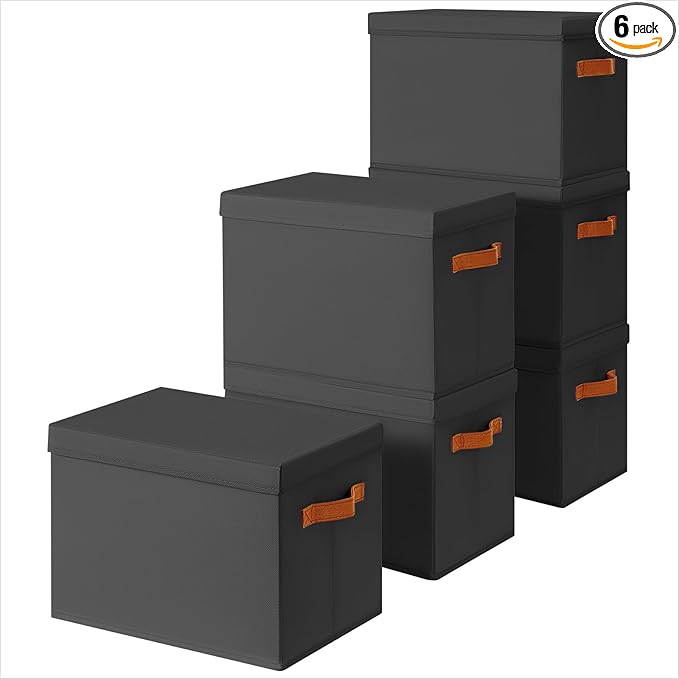 Storage Bins with Lids - Fabric Storage Baskets for Shelves, 6 Pack Foldable Decorative Boxes with Handles, Stackable Organizer Bins for Home, Nursery, Dorm, Black