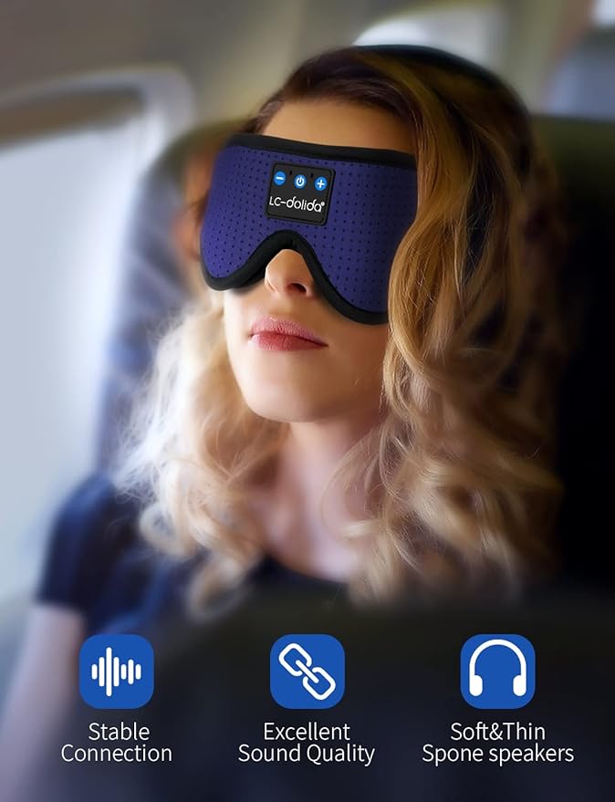 LC-dolida Sleep Headphones, Sleep Mask Bluetooth Wireless Music Eye Mask, Sleeping Headphones for Side Sleepers Sleep Mask with Bluetooth Headphones Ultra-Thin Stereo Speakers Perfect for Sleeping