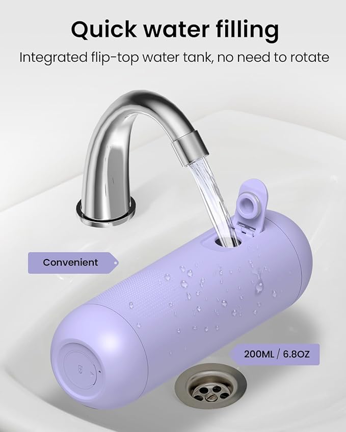 Electric Portable Bidet for Travel, Rechargeable USB-C Handheld High Pressure Sprayer, Camping 6.8oz Smart Foldable Water Storage, 2000mAh Battery Long Life, Personal Cleaner for Men & Women (Purple)