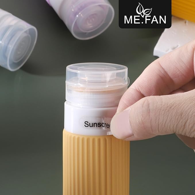 ME.FAN Travel Bottles for Toiletries, TSA Approved 3oz Silicone Journey Size Containers, Portable Split Bottle for Conditioner, Shampoo, Lotion- 4 Pack Purple