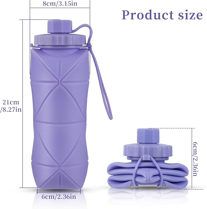 YCT Collapsible Silicone Travel Water Bottle 20oz (600ml), Reuseable Leakproof BPA Free Foldable Sports Bottle, with Carrying Strap, Dark Blue + Pink