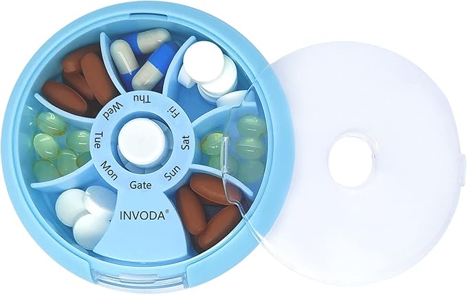 INVODA Weekly Pill Organizer 7 Compartment Rotating Pill Box for Daily Medication & Vitamins - Portable Travel Pill Case Fish Oil Supplements Vitamins Organizer (Green+Sky Blue+Orange)