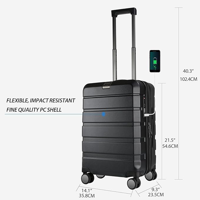 KROSER Hardside Expandable Carry On Luggage with Spinner Wheels & Built-in TSA Lock, Durable Suitcase Rolling Luggage with USB Port, Carry-On 20-Inch, Black