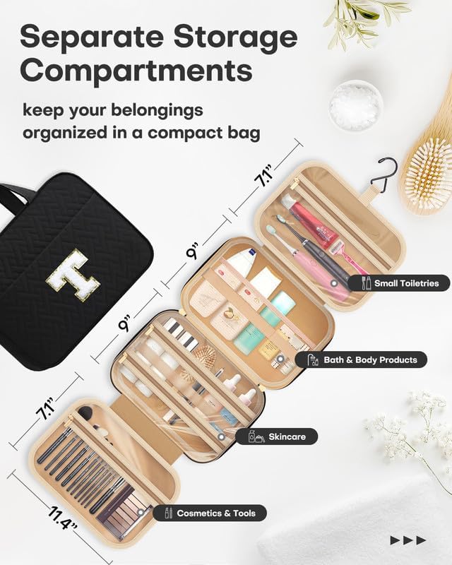 HOTOR Travel Toiletry Bag - Personalized Chenille Initial Makeup Bag, Water-Resistant Personalized Gifts for Women, Portable Travel Accessories & Essentials, Letter T, Black, 11.4"×9.0"×3.35"