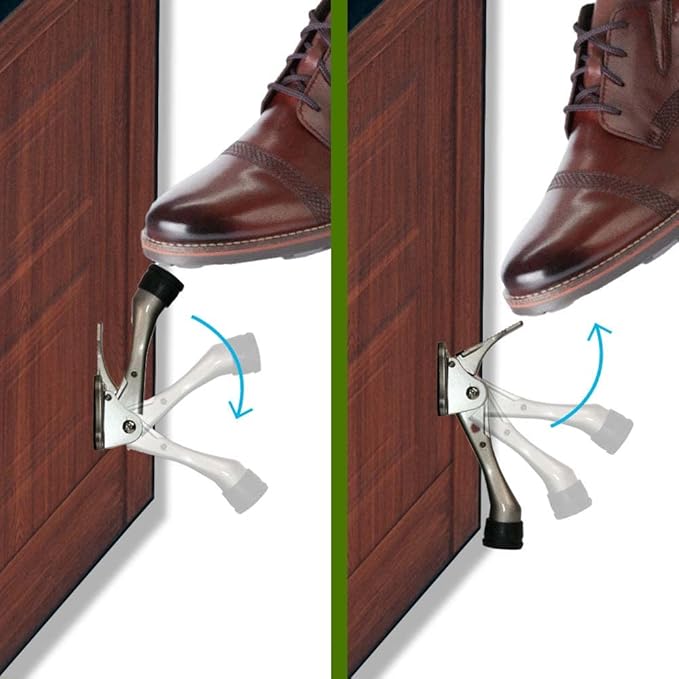 One Touch Kickdown Door Stopper, Door Holder, Heavy Duty Door Stops, Bottom of Door, Height-Adjustable Rubber Tips by HASHI (Satin Nickel 4 inch x 2pack)