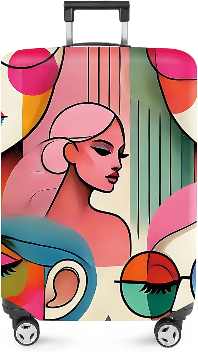 ANNA QUEEN Modern Art Fashion Luggage Cover, Stylish Abstract Woman Suitcase Protector, Washable, Stretchable Travel Sleeve for 32-34 Inch Luggage, Trendy, Colorful Design