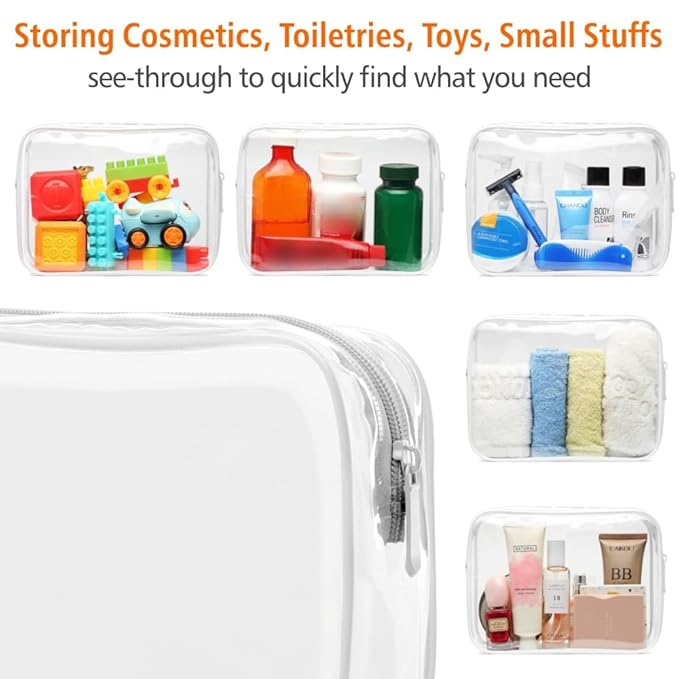 PACKISM TSA Approved Toiletry Bag, 3 Pack Clear Makeup Bag, Travel Makeup Cosmetic Pouch for Women, Carry on Airport Airline Compliant Bag, White (for age 12 or above)