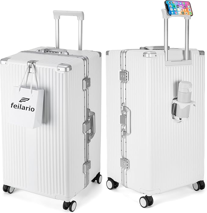 feilario 29in Super Large Captain Aluminum Frame Hardside Spinner Wheels Luggage, Removable Wheels Zipperless Checked Suitcase with Cup Holder/Phone Holder