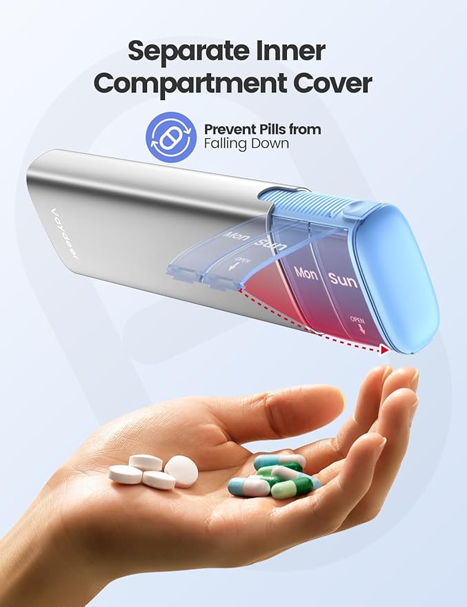 Vaydeer Metal Travel Pill Organizer, 7 Day Weekly Pill Box, Large Capacity Daily Cute Pill Case for Supplements, Pills, Vitamins and Medication (Small,Purple)