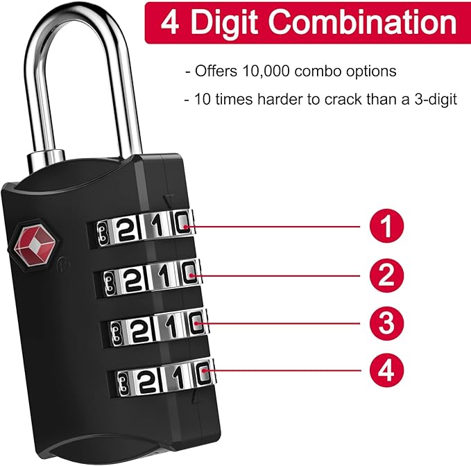 ZHEGE Luggage Lock, TSA Approved Travel Lock, 4 Digit Combination Padlock with Flexible Cable (30 Inch) for Suitcase, Backpack, Cabinet, Drawer (1 Pack, Black)