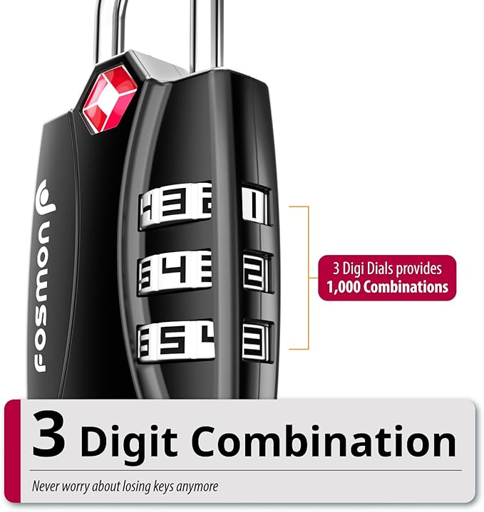 TSA Accepted Luggage Locks, Fosmon Open Alert Indicator 3 Digit Combination Padlock Codes for Travel Bag, Suit Case, Lockers, Gym, Bike Locks or Other (4 Pack)