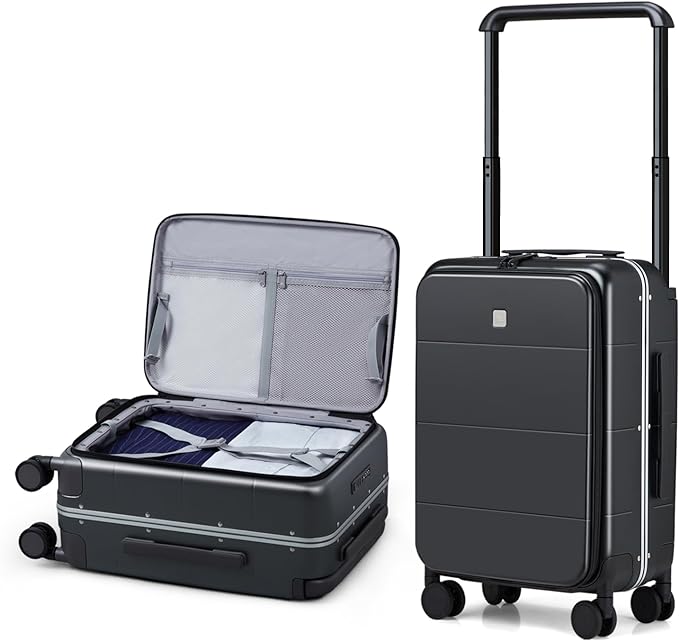 Hanke Top Opening Carry On Luggage, 20 Inch Zipperless Aluminum Frame Wide Handle Luggage, All-PC Hard Shell Trunk Suitcase with Spinner Wheels, TSA Airline Approved (Jet Black, 40L)