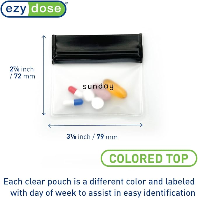EZY DOSE Reusable 7-Day Pill Pouch Set, Durable Multi-Purpose Travel-Sized Baggies, Includes Days of The Week Labels w/Color for Easy Identification, Silicone Storage, Clear, BPA Free, TSA Approved