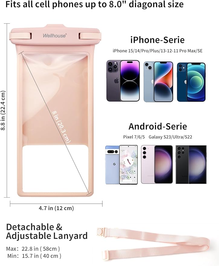 wellhouse Waterproof Phone Pouch, Waterproof Phone Case for iPhone 16 15 14 13 12 Pro Max XS Samsung, IPX8 3D Cellphone Dry Bag Beach Essentials (1 Pack - Pink8.0, 8 inch)