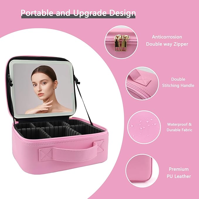 Makeup Bag with Led Mirror,Travel Makeup Organizer with 3 Color Setting, Portable Storage and Adjustable Dividers Travel Makeup Bag(Dark Pink)