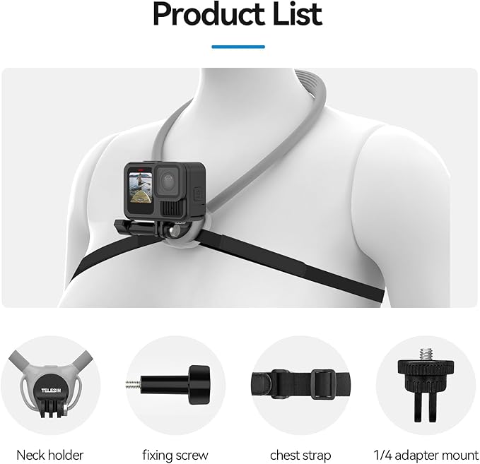 TELESIN Neck Mount SE 2.0 with Air Cushion, Adjustable Chest Strap and Neck Mount for Hands-Free POV Vlogging, for GoPro Hero 13/12/11/10/9, insta 360 X5/X4/X3/Ace Pro 2, Action 3/4/5 Pro, AKASO, etc.