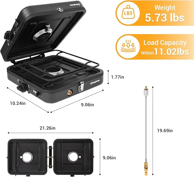 KingCamp 2 Burner Camping Stove，Portable Folding Stove with 20000 BTU，Backpacking Camp Stove for Outdoor Cooking，2 Adjustable Burners & Piezo Ignition for BBQ Hiking Backpacking Camping