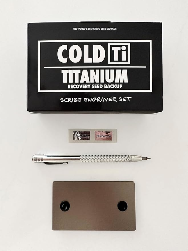 ColdTi - Titanium Bitcoin Seed Plates for Ultra-Secure Ethereum and Crypto Seed Phrase Storage (2 Plates w / 1 Scribe & Anti-Tamper Seals) - Premium Seed Phrase Metal.