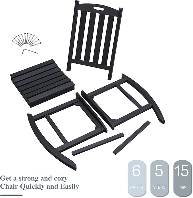 Psilvam Oversized Outdoor Rocking Chair Set of 2, Porch Rocker with 21" Wide Seat and 32" Tall Backrest, Pre-Assembled with Most Components for Effortless Installation (Carbon Black)