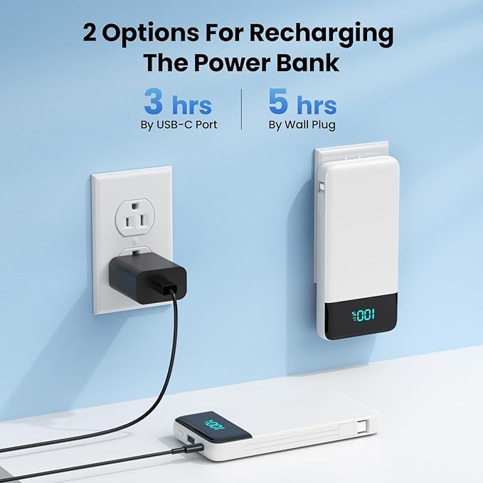 Portable Charger for iPhone with Built in Cables and Wall Plug,Upgraded 13800mAh Fast Charging USB C Power Bank,4 Outputs Travel Essential Battery Pack Compatible with iPhone 15/14/13,Samsung-White