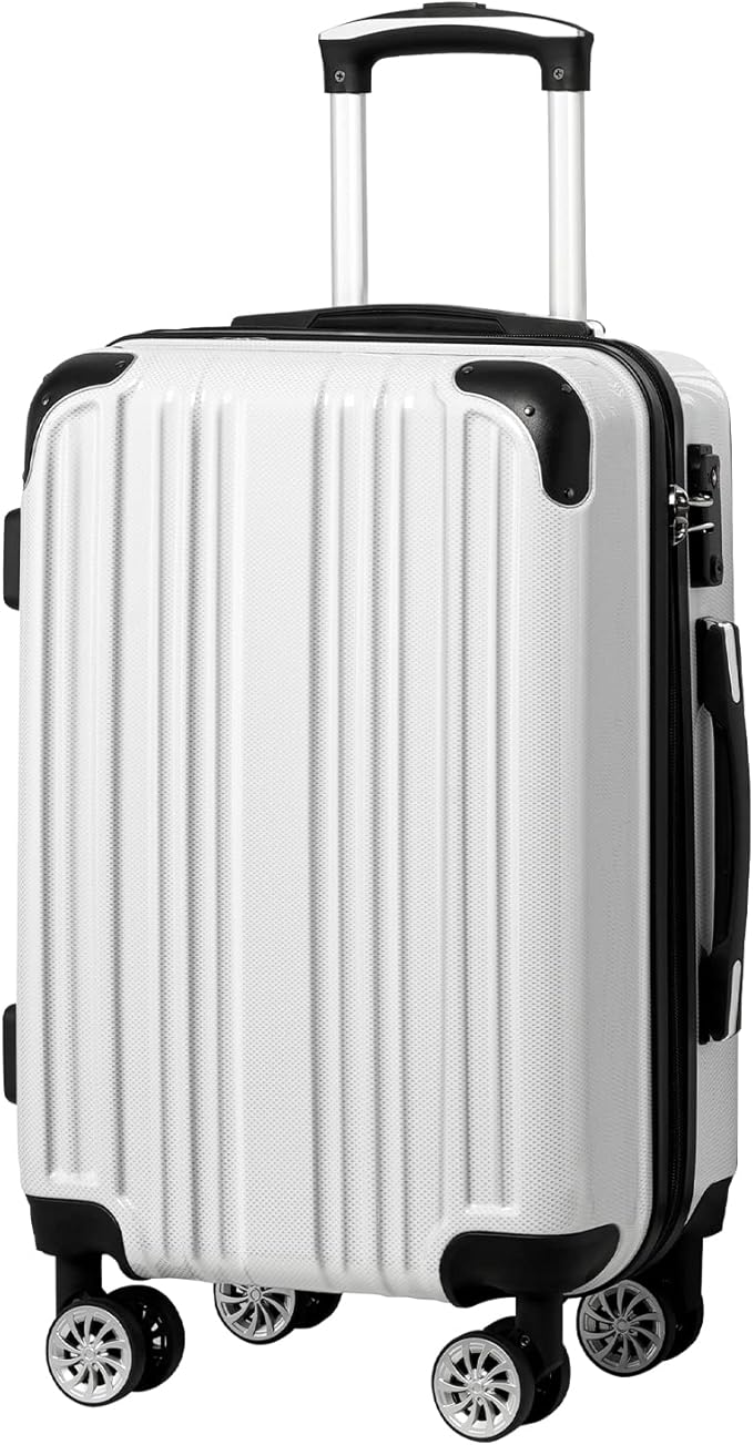 Coolife Luggage Expandable(only 28") Suitcase PC+ABS Spinner 20in 24in 28in Carry on (white grid new, L(28in))